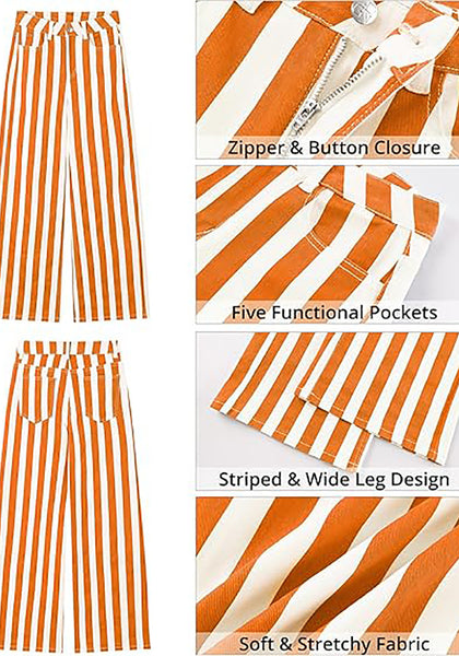 Women's Fashion High Waist Wide Leg Loose Fit Orange White Striped Denim Jeans