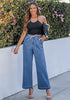 Medium Blue Cropped Wide Leg High Waisted Drawstring Denim Jeans For Women