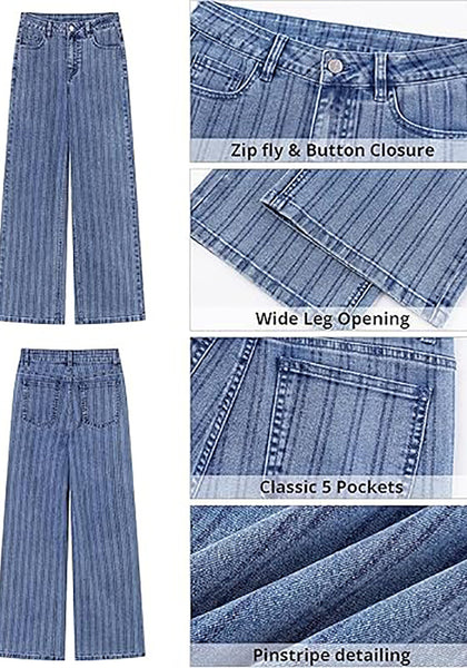 High Waisted Striped Wide Leg Jeans for Women Vintage Denim Loose Fit Casual Pants
