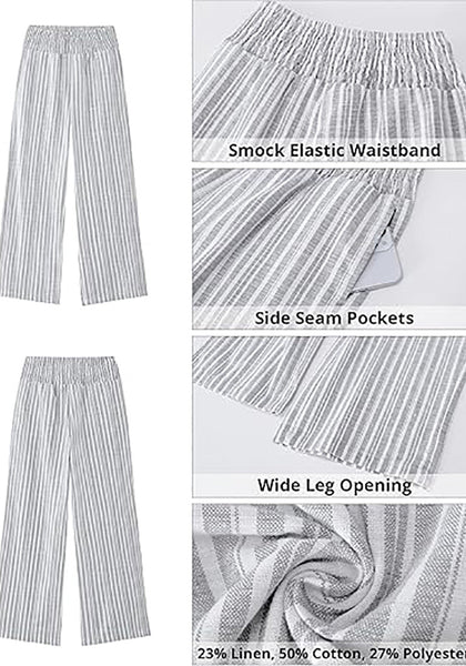 Women’s Striped Wide Leg Pants Causal Elastic High Waist Full Length Trousers with Pockets