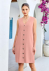 LookbookStore Women's Pink Knee Length Linen Dress – Sleeveless V Neck Button Down, Self Tie Waist & Side Pockets