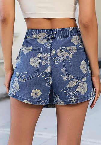 LookbookStore Women's Classic Wash-hibiscus Denim Skorts Trendy Floral Print Faux Wrap High Waisted Stretchy Elastic Waist Jean Skort