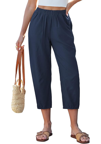 LookbookStore Women's Navy Blue Linen Barrel Capri Pants High Waisted Elastic Pull On Casual Summer Beach Vacation Pants