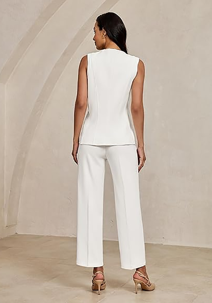 LookbookStore Cream White Two Piece Sets for Women Vest Pantsuits Set Structured Fit Functional Pockets Elegant Office Casual Outfits
