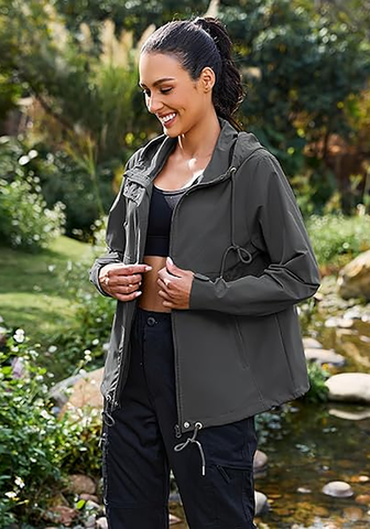 LookbookStore Women Dark Gray Waterproof Lightweight Rain Jacket Hooded Windbreaker Drawstring Zip Rain Coat for Hiking Outdoor Travel