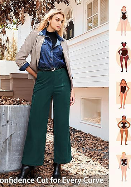 Forest Green Women's Casual High Waist Pocket Polyester Relaxed Fit Wide Leg Pants