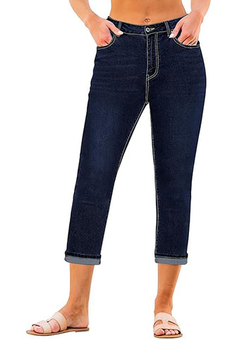 Rinse Blue Women's High Waisted Straight Leg Denim Jeans Pockets Casual Capri Pants