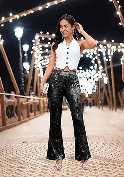 Women's High Shine Wide Leg Trousers Glitter Sequin Evening Pants Clubwear High Waist Glam