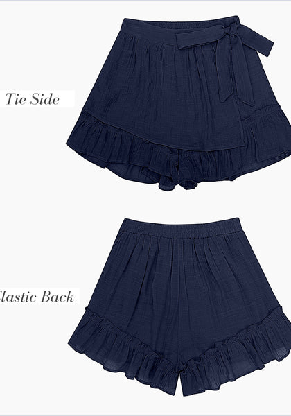 Dark Blue Women's High Waisted Ruffle Skort Elastic Waist Casual Shorts