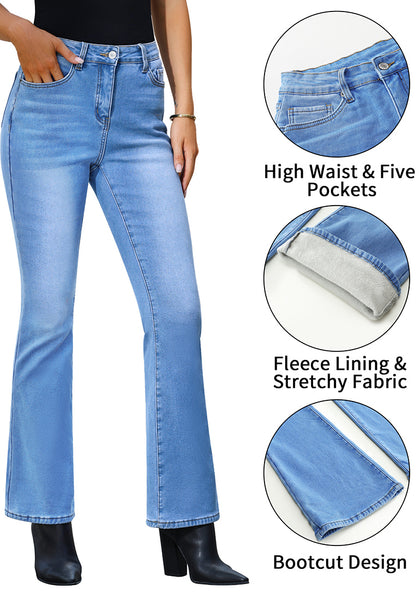 Medium Blue Bootcut High Waisted Denim Pants Stretchy Fleece-Lined Pants