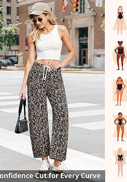 Women's Leopard Print Wide Leg Pants with Drawstring Elastic Waist Casual Loose Trousers for Summer Lounge & Vacation