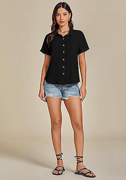 Black for Women's Lapel Button Front Short Sleeve Top Casual Blouse Button-Down Shirt