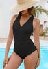 Women One Piece Swimsuit V Neck Wrap Design Side Drawstring Ruched Sleeveless Tank Swimwear