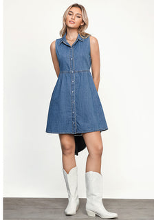 cute denim dresses for women Medium Blue Denim Dress for Women Sleeveless Babydoll Button Down Shor –  Lookbook Store