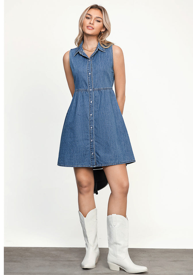 Medium Blue Denim Dress for Women Sleeveless Babydoll Button Down Shor Lookbook Store Medium Blue Denim Dress for Women Sleeveless Babydoll Button Down Shor Lookbook Store