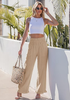 LookbookStore Women Almond High Waist Linen Pants Wide Leg Ruffle Hem Elastic Waist Cropped Ankle Beach Summer Casual Pants