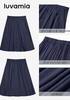 LookbookStore Women Dark Blue Pleated Linen Midi Skirt Elastic High Waist A Line Summer Skirt with Pockets