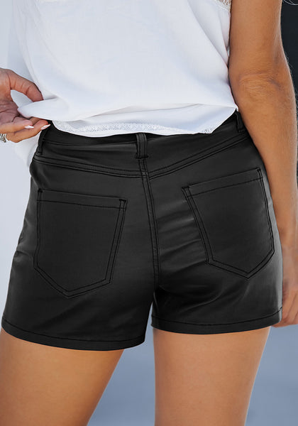 Black Women's Comfy High Waisted Stretchy Faux Leather Denim Pants Shorts