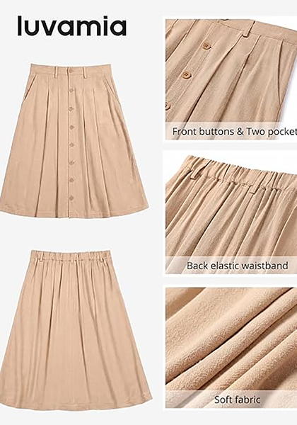 LookbookStore Women Almond Pleated Linen Midi Skirt Elastic High Waist A Line Summer Skirt with Pockets