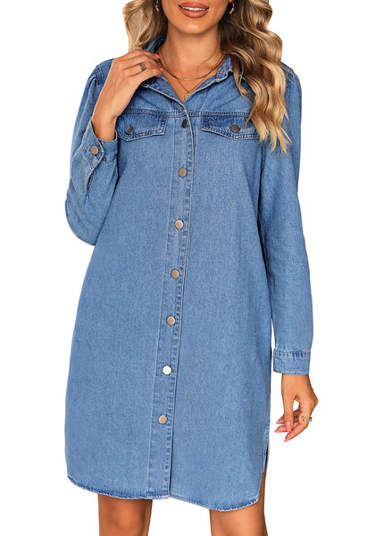 Lapis Air Women's Brief Work Denim Button Down Dress with Long Sleeves and Pocket