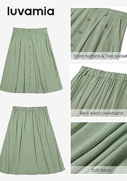 LookbookStore Women Sage Green Pleated Linen Midi Skirt Elastic High Waist A Line Summer Skirt with Pockets
