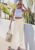 LookbookStore Women Cream White High Waist Linen Pants Wide Leg Ruffle Hem Elastic Waist Cropped Ankle Beach Summer Casual Pants