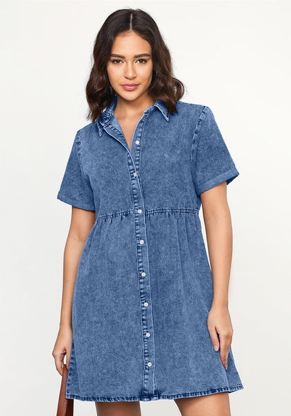 Medium Blue Women's Short Sleeve Button Down Flowy Tiered Babydoll Denim Dress