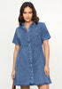 Medium Blue Women's Short Sleeve Button Down Flowy Tiered Babydoll Denim Dress