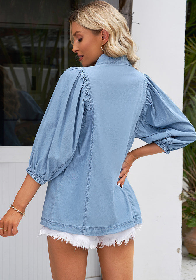 Women's Denim Shirt Long Sleeve Casual Button Down Chambray Shirt 2023  Distressed Jean Shirt Blouse Light Blue at  Women's Clothing store