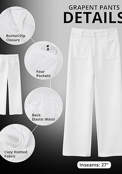 White Women's  High Waist Relaxed Fit Wide Leg Cropped Length Style Casual Pants With Pockets