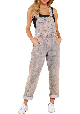 Vintage Pink Women's Casual Stretch Denim Bib Overalls Pants Pocketed Jeans Jumpsuits