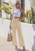 LookbookStore Women Beige High Waist Linen Pants Wide Leg Ruffle Hem Elastic Waist Cropped Ankle Beach Summer Casual Pants