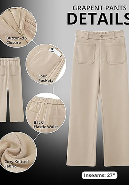 Light Khaki Women's High Waisted Wide Leg Knit Lounge Pant with Pockets