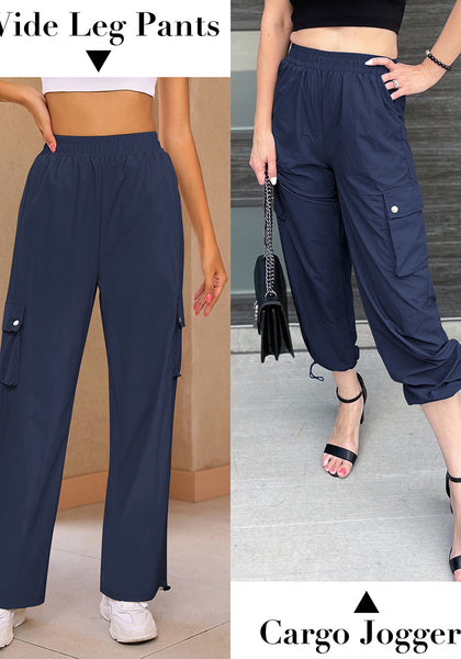 Dark Blue Women's Casual Cargo Pant High Waisted Y2K Nylon Trousers
