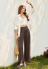 LookbookStore Women Coffee Brown High Waist Linen Pants Wide Leg Ruffle Hem Elastic Waist Cropped Ankle Beach Summer Casual Pants