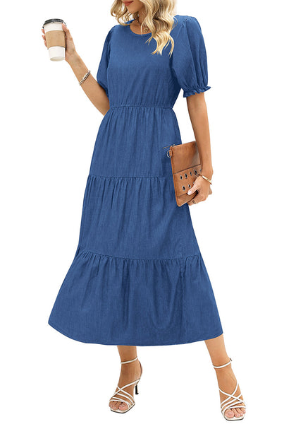 Classic Blue Women's A-Line Elastic Waist Midi Dresses Puff Sleeve Denim Dress