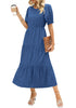 Classic Blue Women's A-Line Elastic Waist Midi Dresses Puff Sleeve Denim Dress