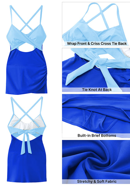 Blue Block Women's One Piece Swimsuits With Skirts Criss Cross Back Cutout Swimwears
