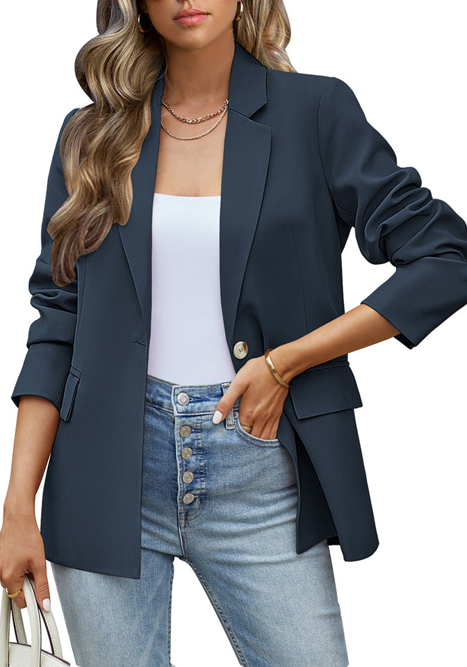 navy blue dress jacket ladies Navy Blue Women's Office Casual Long Sleeve Pocket Blazer Jacket Lookbook Store