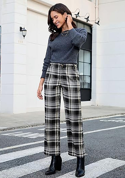 Black & White Plaid Palazzo Pants Women High Waist Wide Leg Trousers with Pockets Comfort Fall Winter Vintage Office