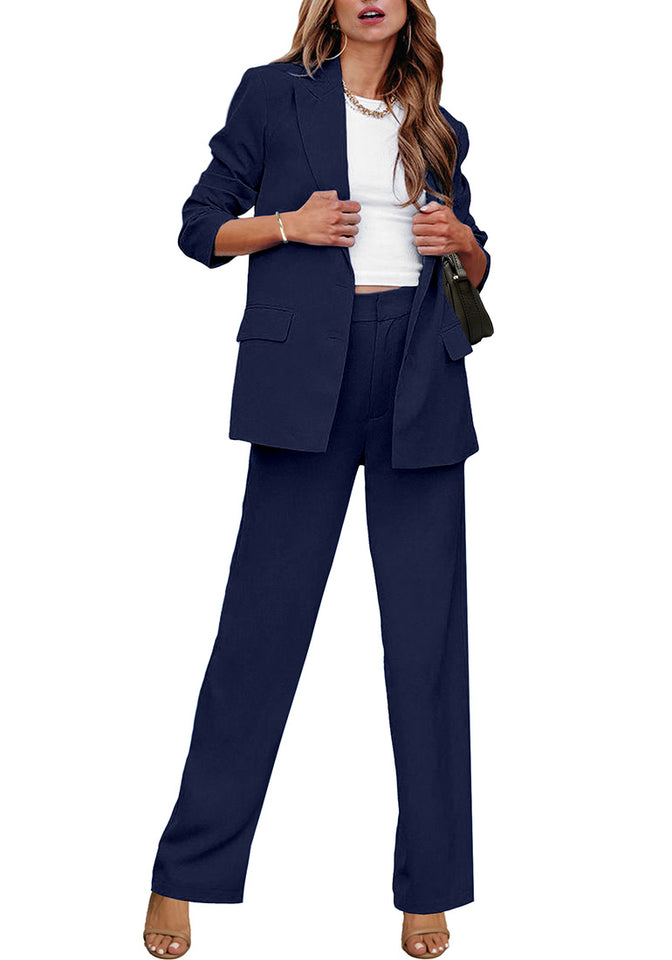 Navy Blue Women's Business Casual 2 Piece Blazer Jacket Straight Leg H –  Lookbook Store