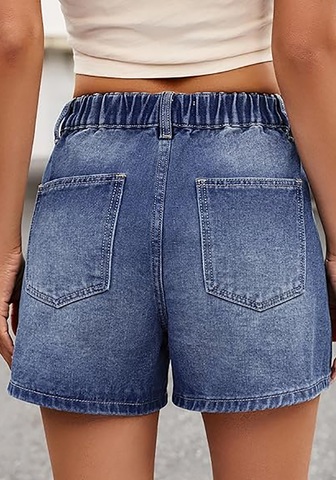 LookbookStore Classic Blue High Waisted Baggy Wide Leg Denim Shorts Women Elastic Waist Mom Jorts 4" Inseam Summer Casual