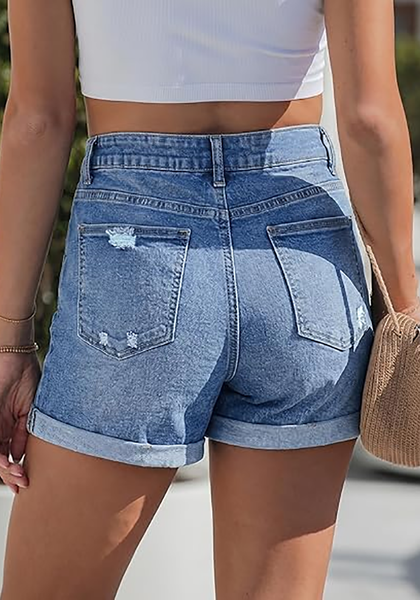 LookbookStore Women Medium Blue High Waist Jean Shorts 2026 Trend Cuffed Hem Ripped Stretch Casual Summer Denim Jorts