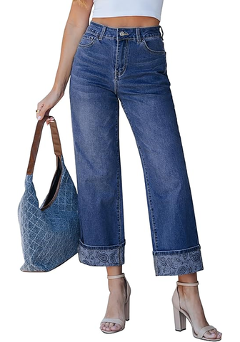 LookbookStore Women's Paisley Classic Blue High Waisted Cropped Wide Leg Jeans Trendy Printed Fold Hem Loose Straight Stretchy Denim Pants