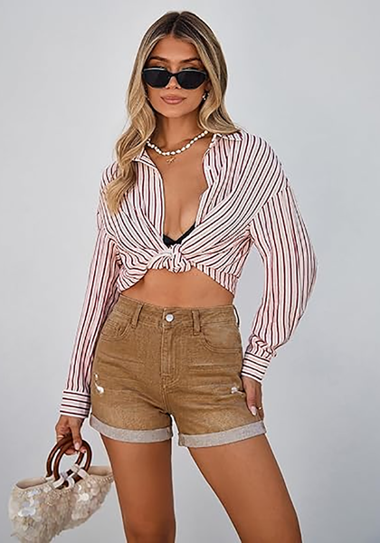 LookbookStore Women Golden Brown High Waist Jean Shorts 2026 Trend Cuffed Hem Ripped Stretch Casual Summer Denim Jorts