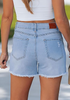 LookbookStore Women's Airy Blue Trendy High Waisted Jean Shorts - Ripped Distressed Raw Hem Stretchy Denim for Country Concerts