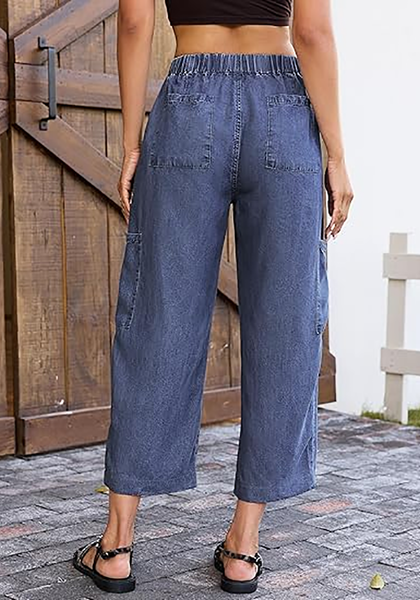 LookbookStore Women's Nightfall Blue Trendy Barrel Jeans, High Rise Wide Leg Baggy Denim Pants with Elastic Drawstring Waist & Button Fly