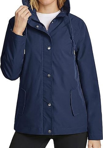 LookbookStore Women's Navy Blue Waterproof Lightweight Rain Jacket, Adjustable Hood Windbreaker Rain Coat for Hiking & Travel