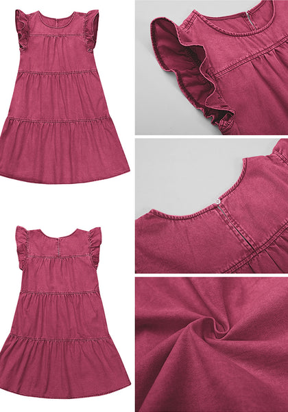 Baroque Rose Women's Mini Denim Babydoll Sleeveless Ruffle Sleeve Pleated Dress