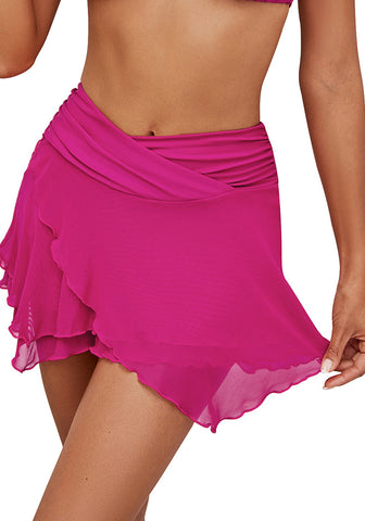 Magenta Women's Brief Criss Cross High Waisted Swim Skirt Layered Mesh Swimsuit Cover-Up